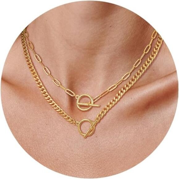 Gold Layered Necklace Set for Women – Paperclip & Cuban Toggle Chains - Picture 3 of 6